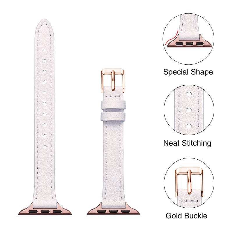 STIROLL Slim Leather Bands Compatible with Apple Watch Band 38mm 40mm 41mm 42mm(Series 11 10), Top Grain Leather Watch Thin Wristband for iWatch SE 9 8 7 6 5 4 3 2 1 (White Rose Gold) - Image 2